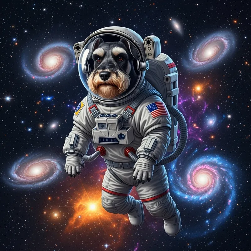 Schnauzer Astronaut Floating Amongst Cosmic Wonders
