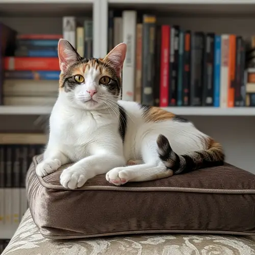 Calico Domestic Short-Haired Cat Relaxing on Velvet Cushion