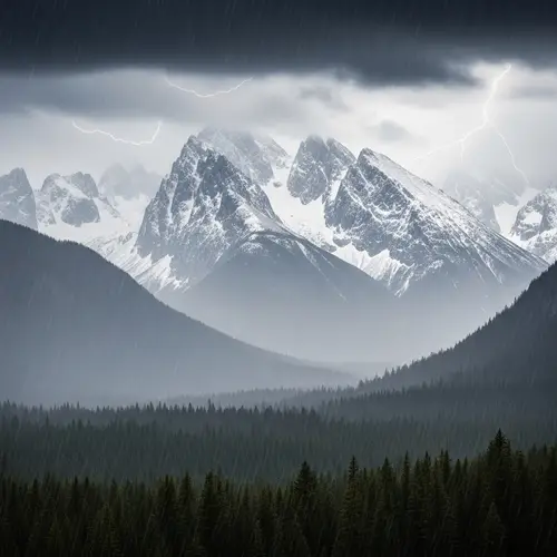 Majestic Snow-Covered Mountain Range in Rainy Day
