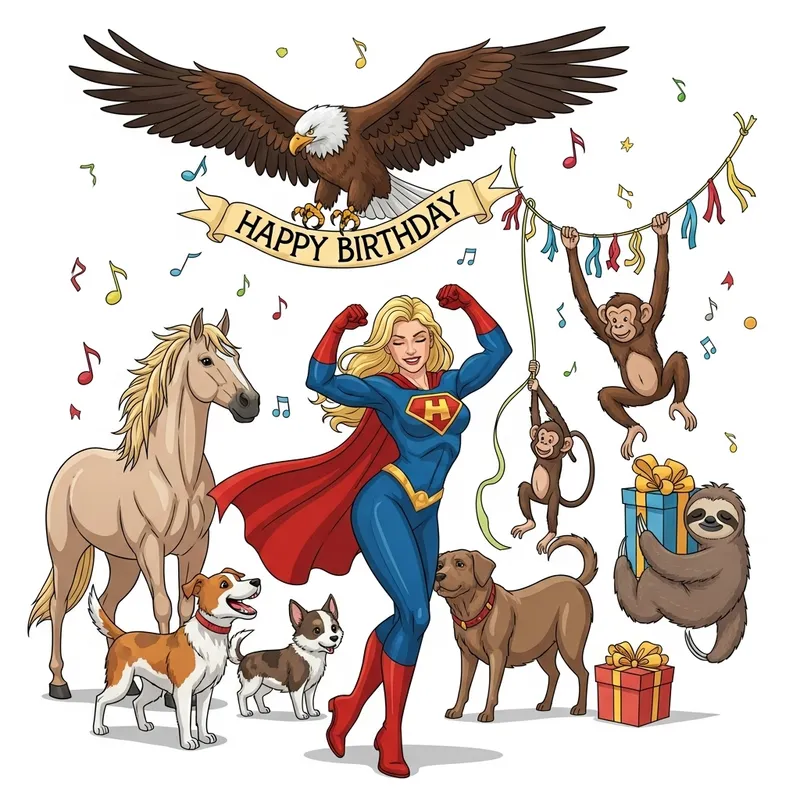 Happy Birthday Card with Dancing Blonde Superhero and Animals