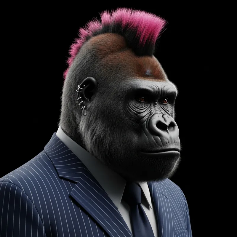 Half-Profile Portrait Gorilla Punk in Blue Suit | Fashion Statement