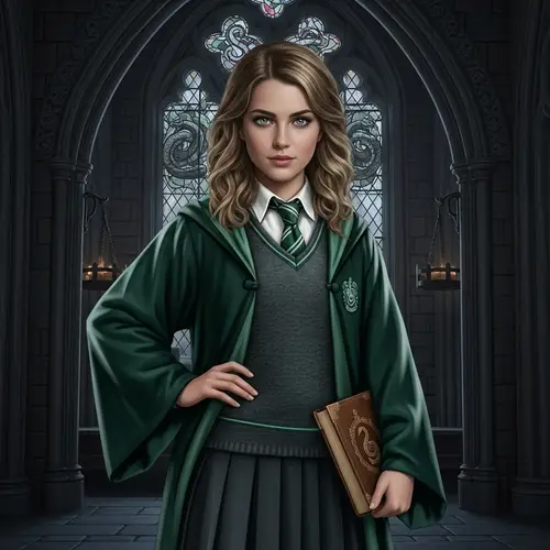 Slytherin Fifth Year with Wavy Blonde Hair and Grayish-Blue Eyes
