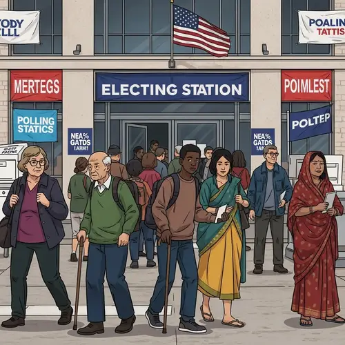 Diverse Citizens Engaged in Election Day at Polling Station