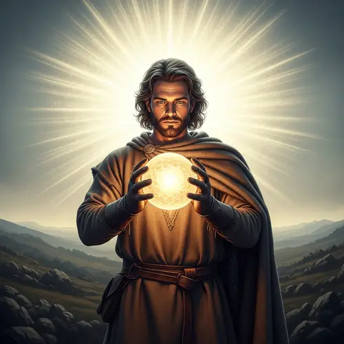 Historical Figure Holding Glowing Orb - Enigmatic Scene