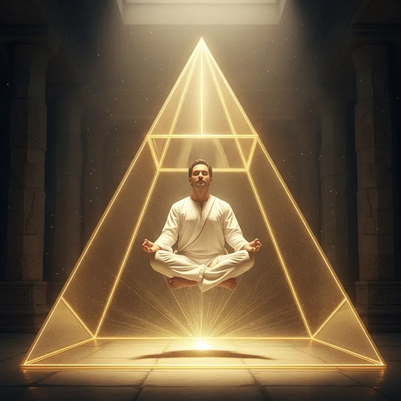 Man in Lotus Position Inside Gold Pyramid - Meditative Energy Man in Lotus Position Inside Gold Pyramid - Meditative Energy