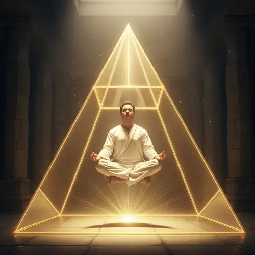 Man in Lotus Position Inside Transparent Gold Pyramid - Meditative Energy