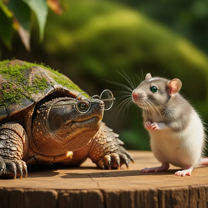 Cute Turtle in Glasses with Adorable Green-Eyed Rat