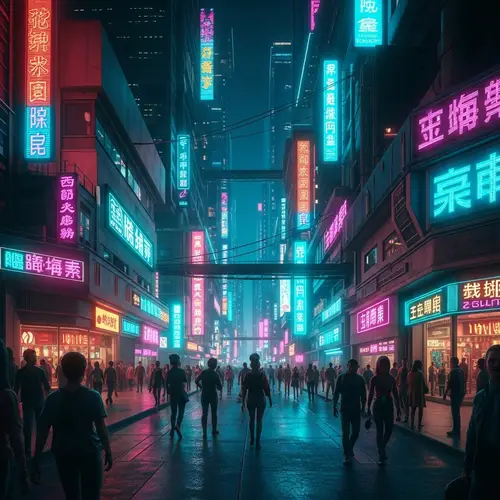 Futuristic Cyberpunk Cityscape with Neon Lights and Diverse Crowd
