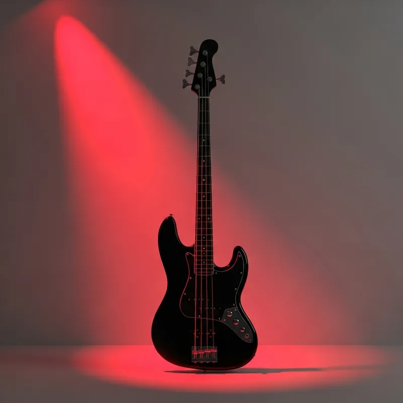 Black Bass Guitar on White Background with Red Light Black Bass Guitar on White Background with Red Light