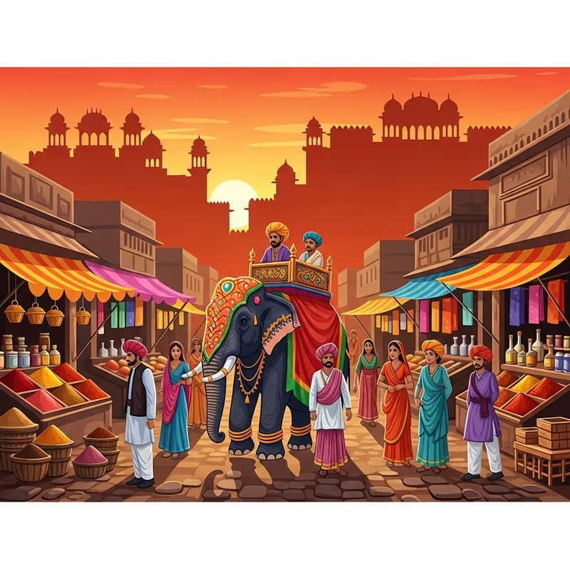 Vibrant Indian Culture Painting | Market Scene & Elephant
