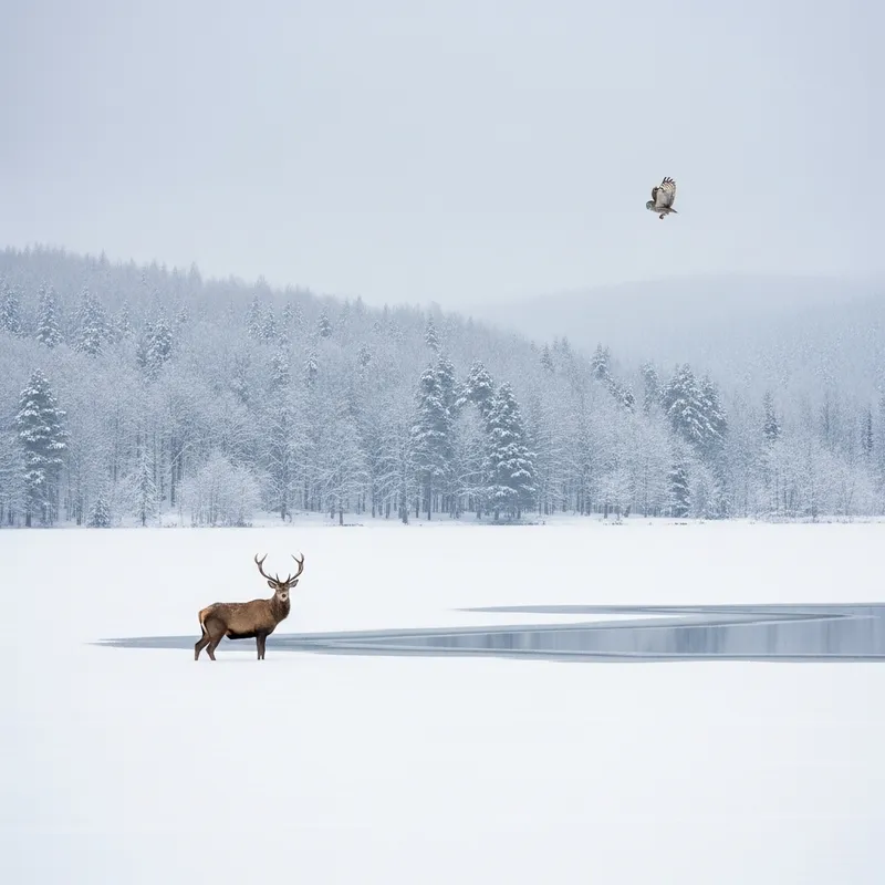 Winter Nature Scene: Snow, Forest, Lake, Wildlife