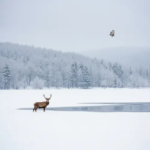 Tranquil Winter Landscape: Snow, Forest, Lake, Stag & Owl