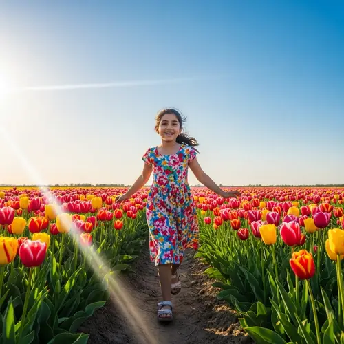 Teenage Girl Dancing Among Colorful Tulips on Sunny Day