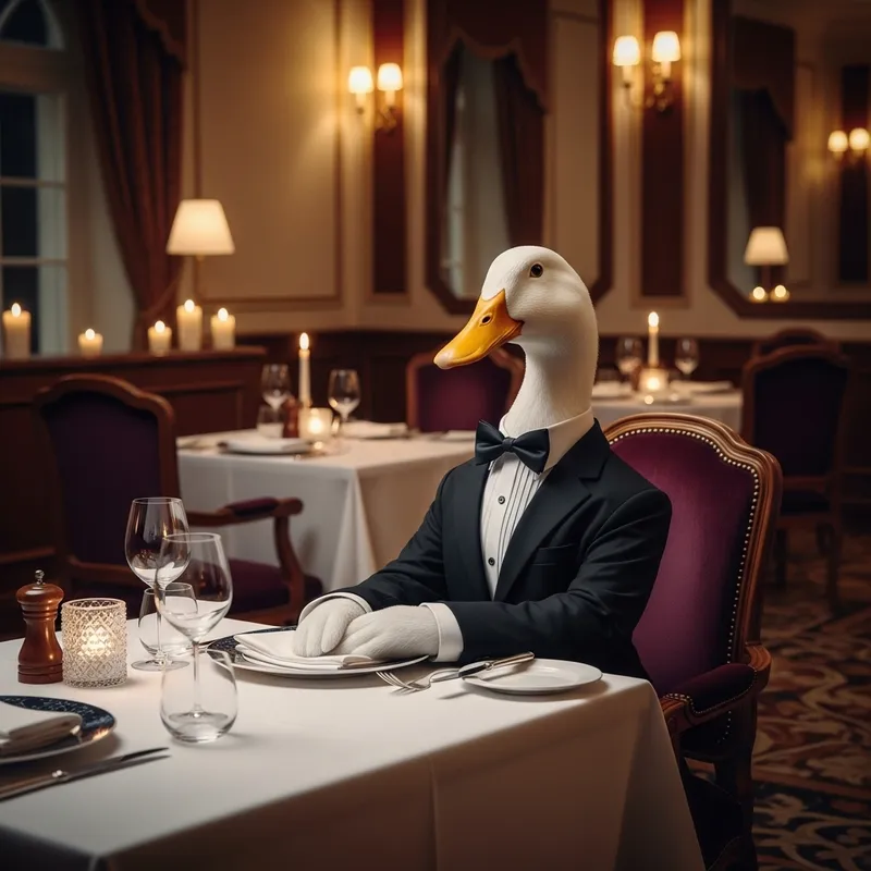 Elegant White Duck in a Black Suit at Fine Dining