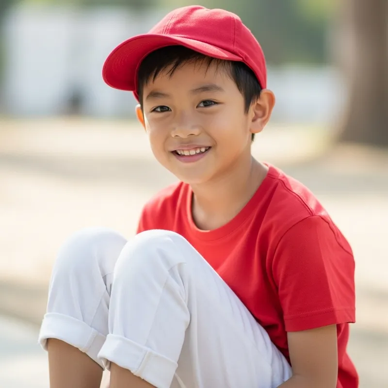 Smiling Asian Boy in Red Hat and Tee with White Jeans