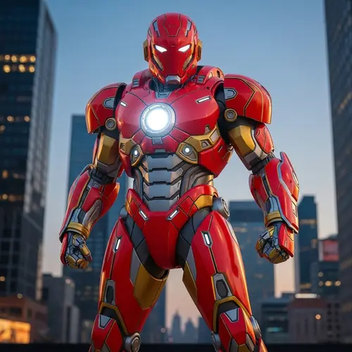 High-Tech Red and Gold Suit Standing Heroically Against Cityscape