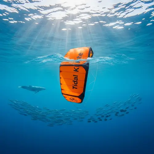 Orange Tidal Kite Underwater with Blue Waves and Sun Beams