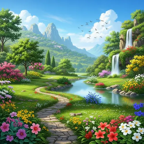 Tranquil Paradise: Lush Greenery, Vibrant Flowers, Clear Blue Sky