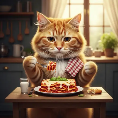Cat Eating Lasagna - Funny Feline Enjoying a Meal