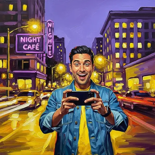 Vibrant City Scene: Animated Man Filming Social Networks Video