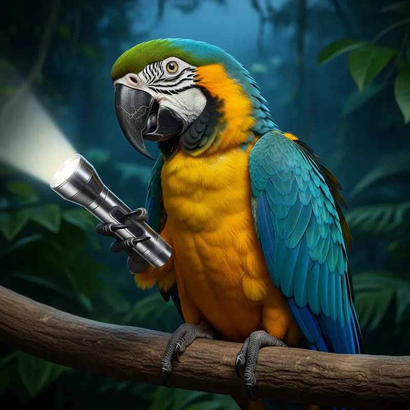 Curious Macaw Parrot Illuminates Night Jungle with Flashlight