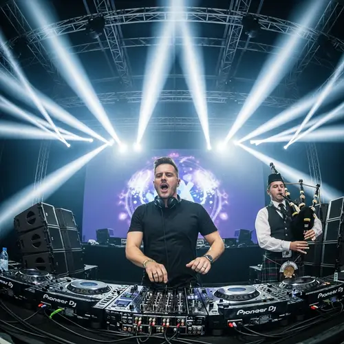 Dynamic EDM Festival Performance with Bagpipe Player