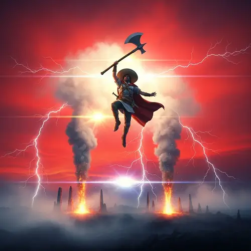 Hispanic Man with Colossal Axe in Crimson Sky | Thrilling Composition