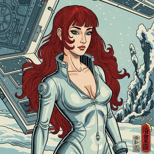 Caucasian Woman in Futuristic Space Suit Arriving on Winter Planet