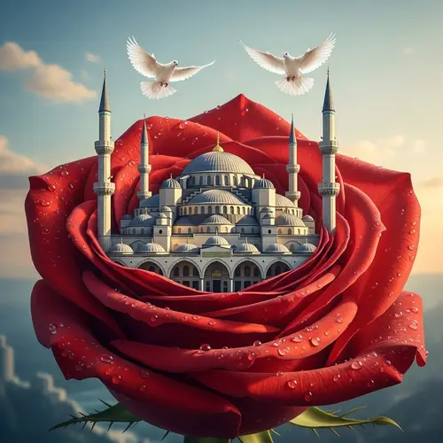 Ottoman White Mosque in Red Rose | Graceful Birds in Flight
