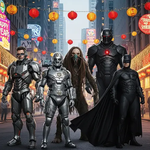 Festive Urban Scene with Five Unique Figures