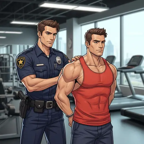 Muscular Cop Arrests Hunky Guy at the Gym
