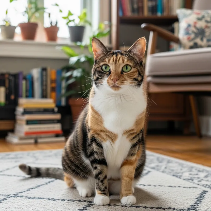 Beautiful Calico Cat on Plush Rug - Cozy Room Scene