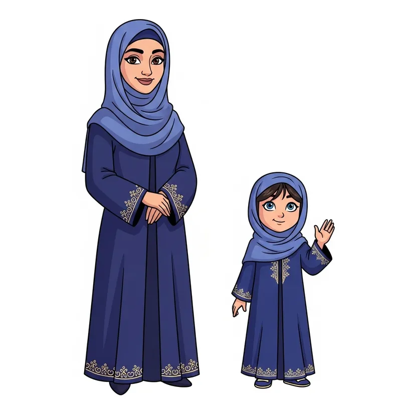 Muslim Mother and Daughter Cartoon Characters