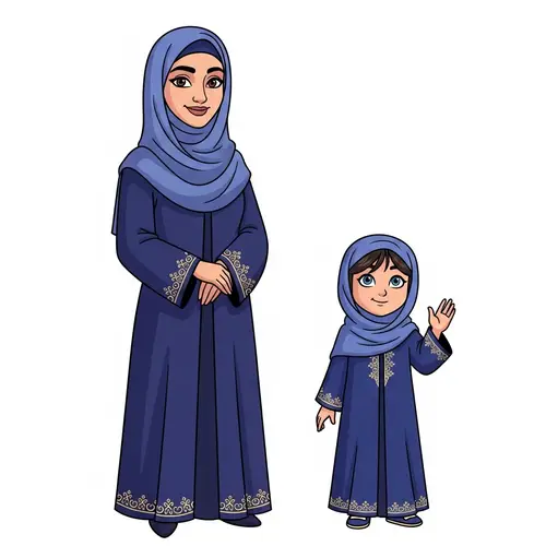 Middle-Eastern Muslim Mother and Daughter Cartoon Characters