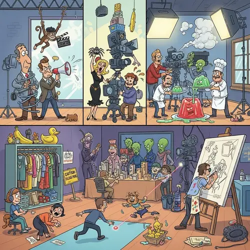 Diverse Cartoon Characters in Comedic Film Studio