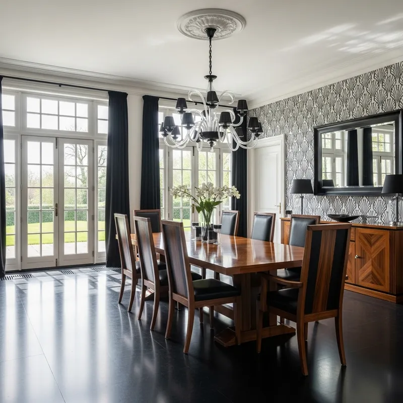 Elegant Art Deco Dining Room | French Doors & Dark Wood Furniture Elegant Art Deco Dining Room | French Doors & Dark Wood Furniture