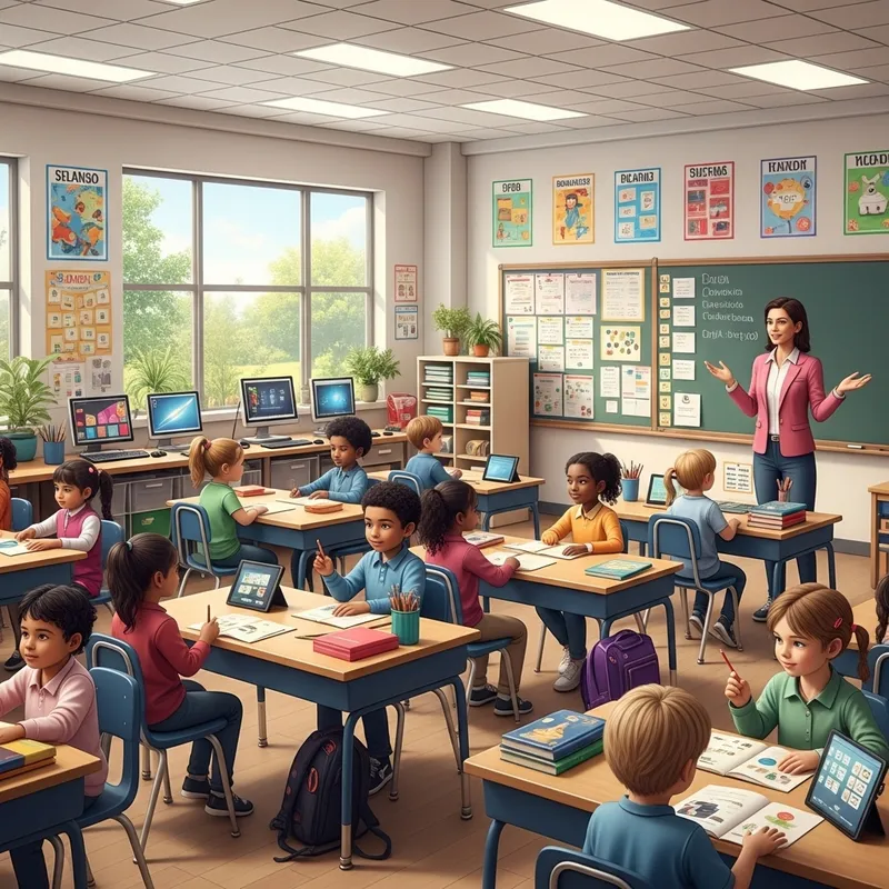 21st Century Elementary Classroom with Diverse Students & Green Design