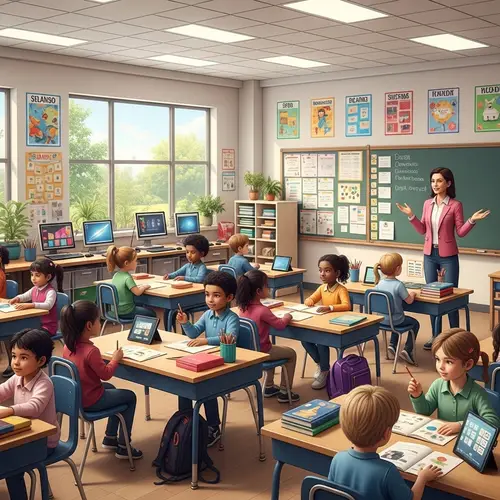 Modern Elementary Classroom with Diverse Students & Green Corner