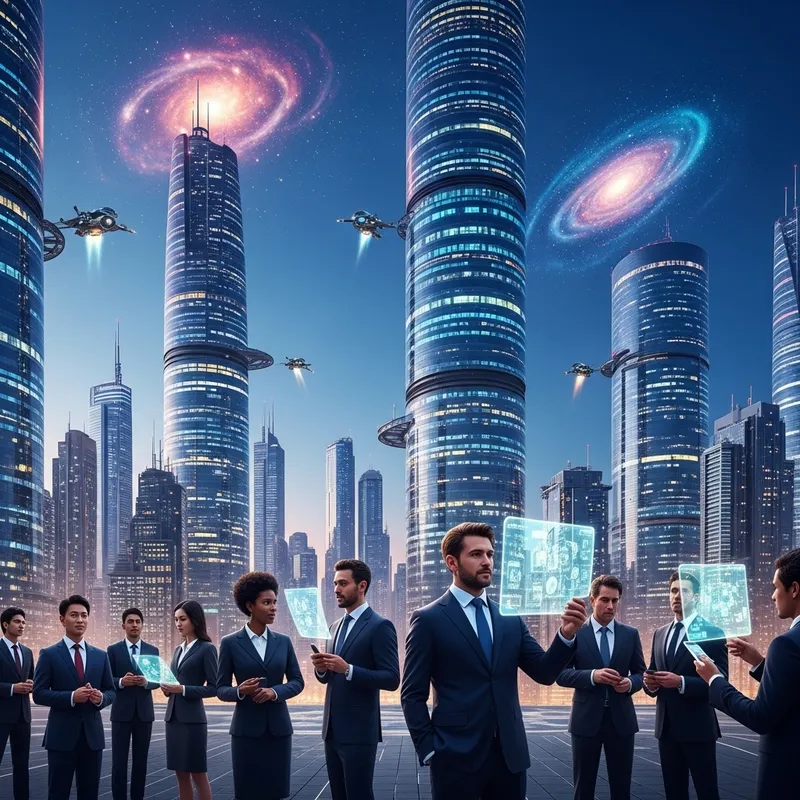 Investors in a Futuristic Skyline of Tomorrow