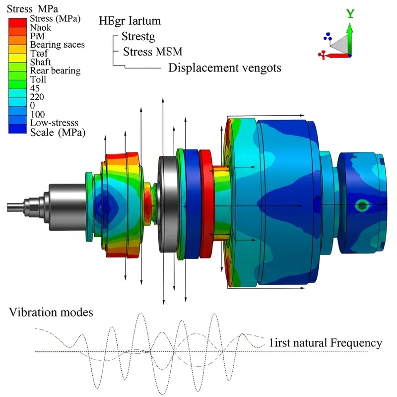 Detailed Diagram of HSM Spindle with Striking Stress Visualization