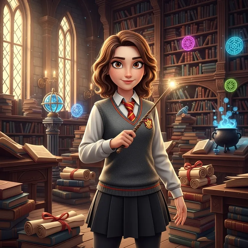 Hermione Animation: Wavy Brown Hair, Magic Wand & Wizard Attire Hermione Animation: Wavy Brown Hair, Magic Wand & Wizard Attire