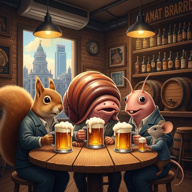 Squirrel, Muskrat, and Mouse Enjoying Beer in Madrid Bar