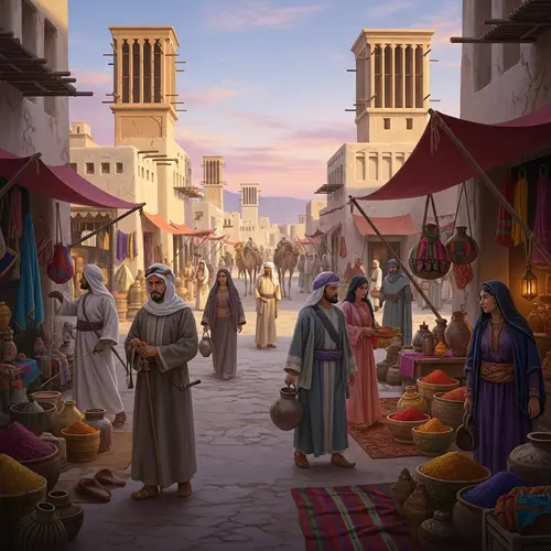 Arabian Peninsula in 1319: Marketplace Scene with Merchants and Camels