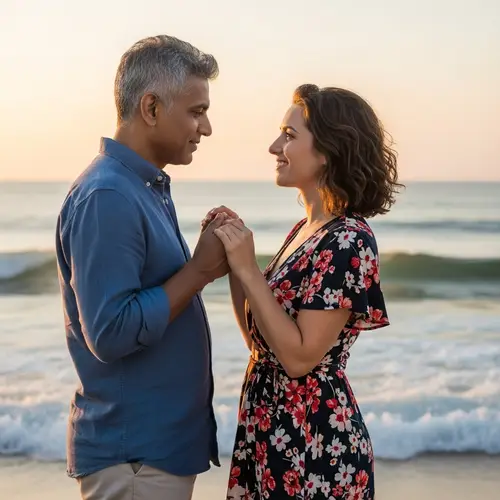 Serene Beach Sunset - Affectionate South Asian Man and Hispanic Wife