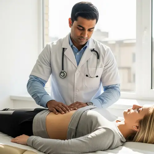 Male Doctor Examining Abdomen of Young Blonde Woman