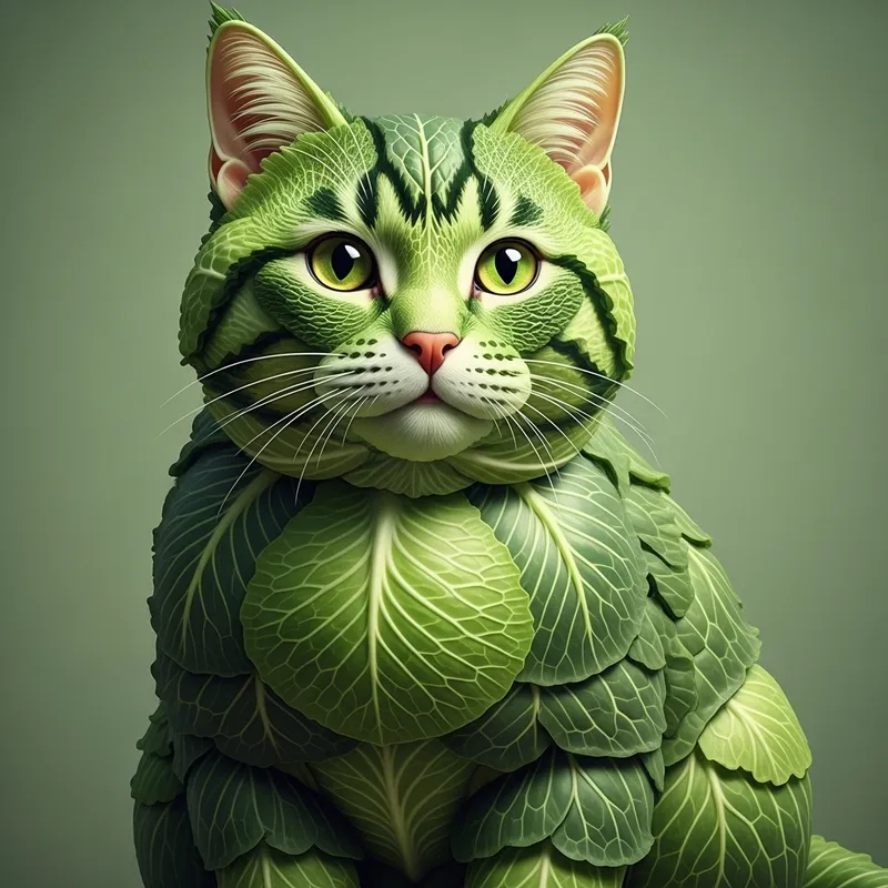 Creative Cat Sculpture from Cabbage - Unique Green Art