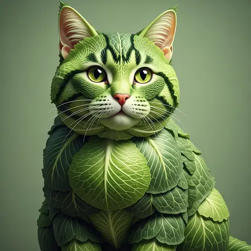 Fresh Cabbage Cat Sculpture - Captivating Green Artwork