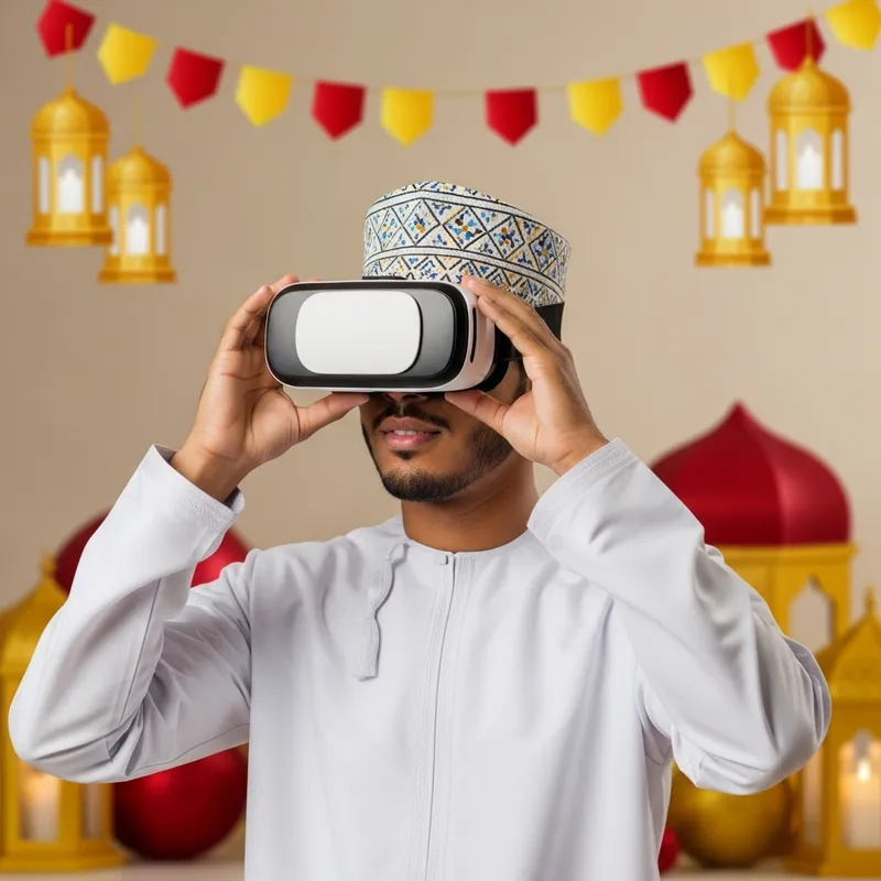 Omani Man in Traditional Attire with VR Glasses at Eid Celebration