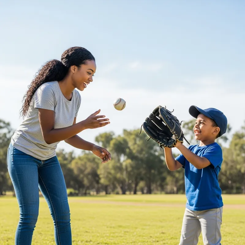 Bonding Time: Mother Teaches Son Baseball Catching in Park