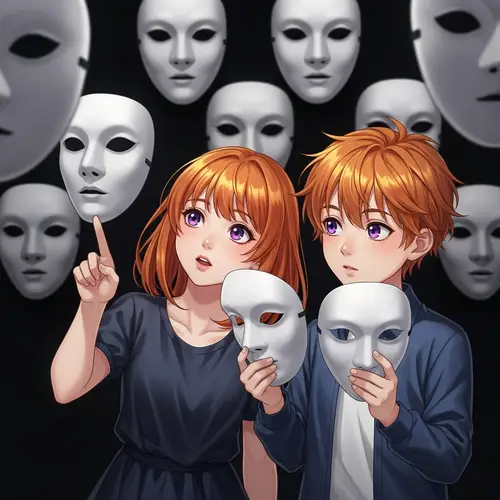 Orange Hair Girl and Boy Choosing White Masks on Black Background